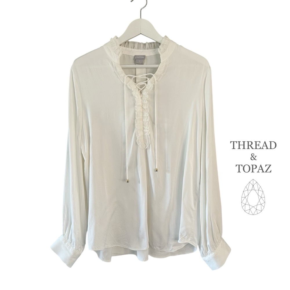 Chico’s Lace Up Front Long Full Sleeve Ruffle Modal Top Blouse Medium